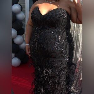 Black Sequin Feather Hem Evening Dress - Women